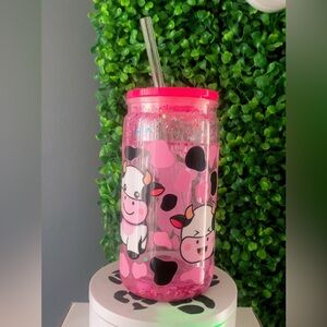 Pink Cow Print Tumbler with Straw